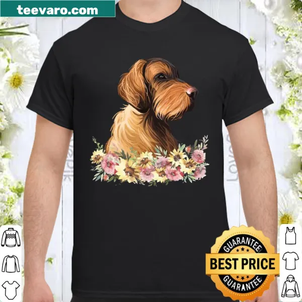 Illustrative shirt featuring a Wirehaired Vizsla surrounded by flowers