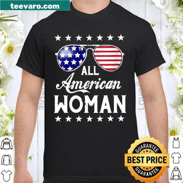 Patriotic 4th of July t-shirt for women featuring flag sunglasses