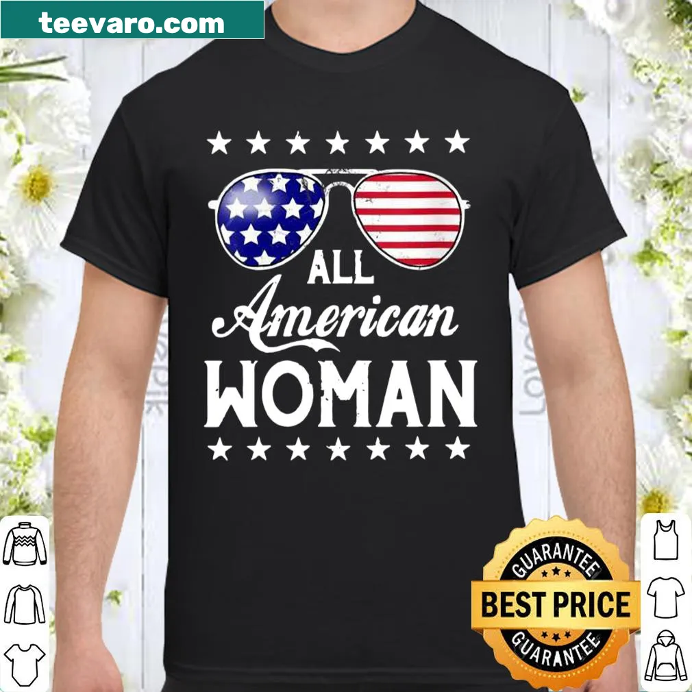 Patriotic 4th of July t-shirt for women featuring flag sunglasses