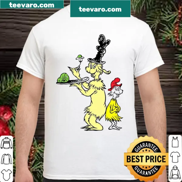 Dr. Seuss-inspired shirt with 'I like green eggs and ham' text and illustrations
