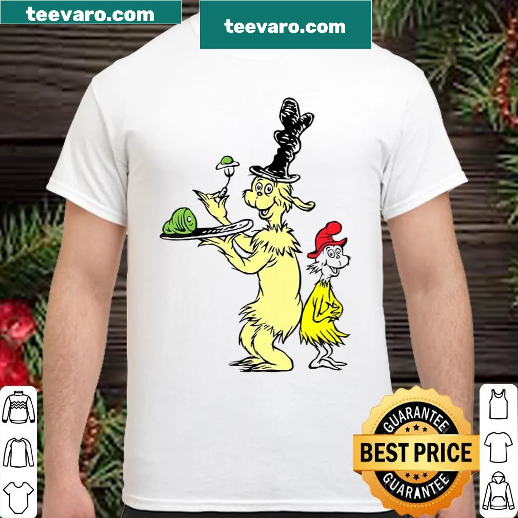 Dr. Seuss-inspired shirt with 'I like green eggs and ham' text and illustrations