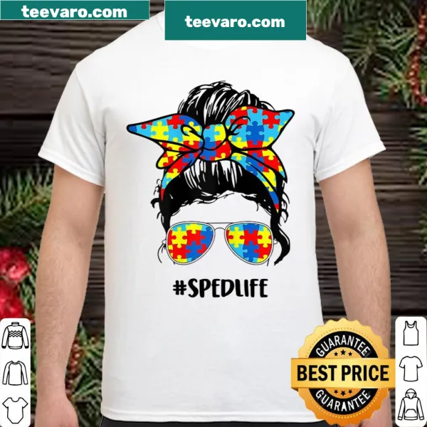 Playful sped teacher shirt with puzzle pieces and messy bun