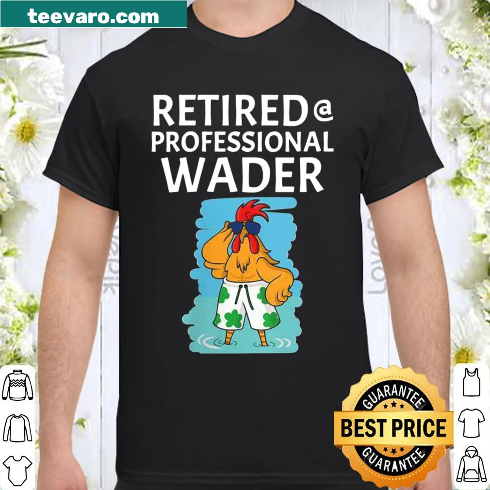 Whimsical shirt with a rooster wading in water, celebrating fishing