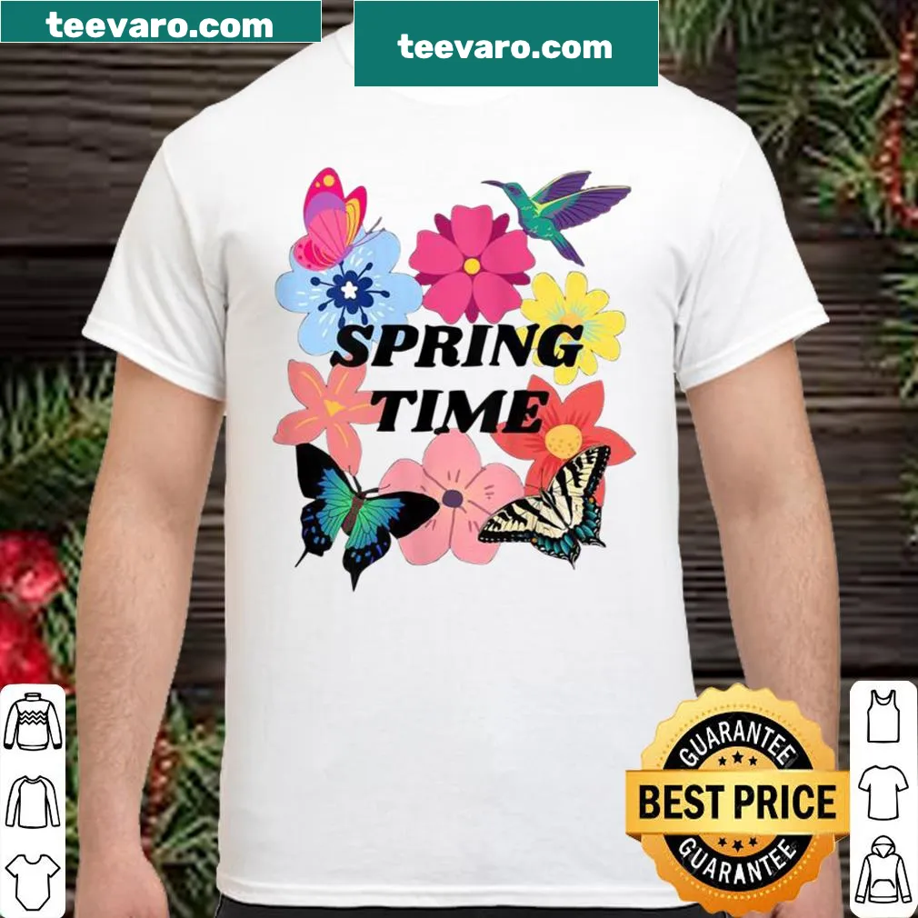 Spring-themed shirt featuring flowers, butterflies, and hummingbirds