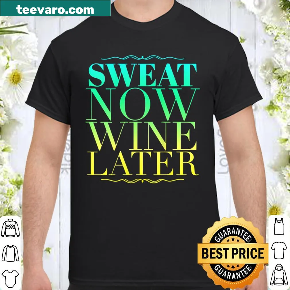 Playful text on shirt promoting fitness and relaxation with wine