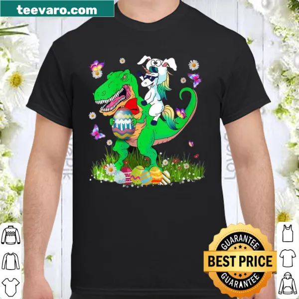 Playful unicorn riding dinosaur T-shirt for Easter celebrations