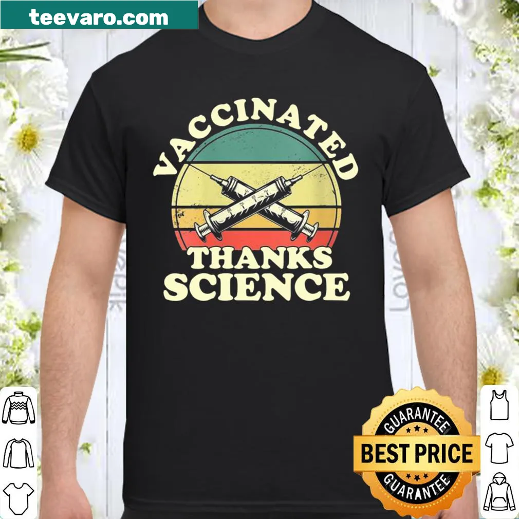Retro-style shirt with a humorous vaccination graphic and sunset