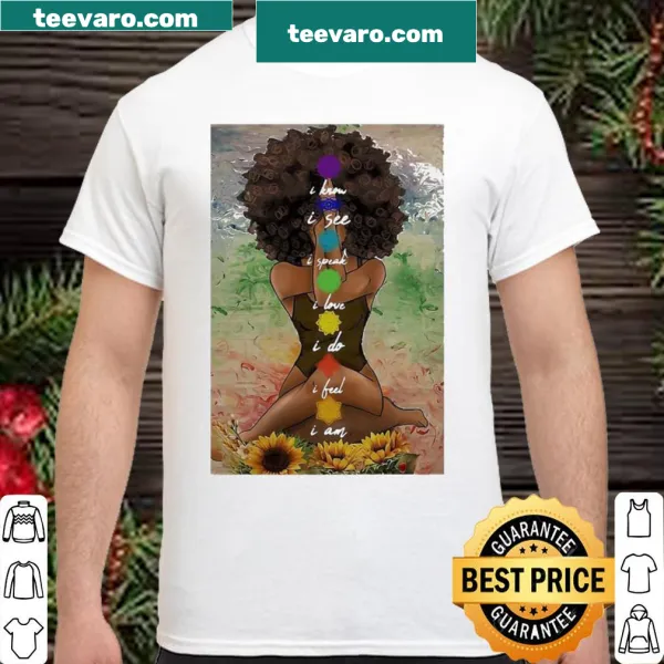 Yoga-themed shirt featuring an African American figure in a yoga pose.