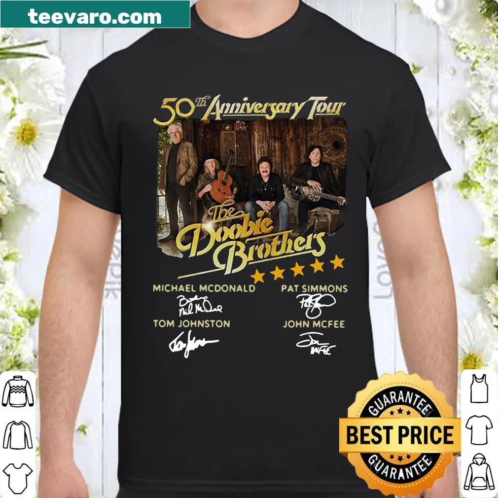 Shirt featuring The Doobie Brothers signatures, celebrating their 50th anniversary.