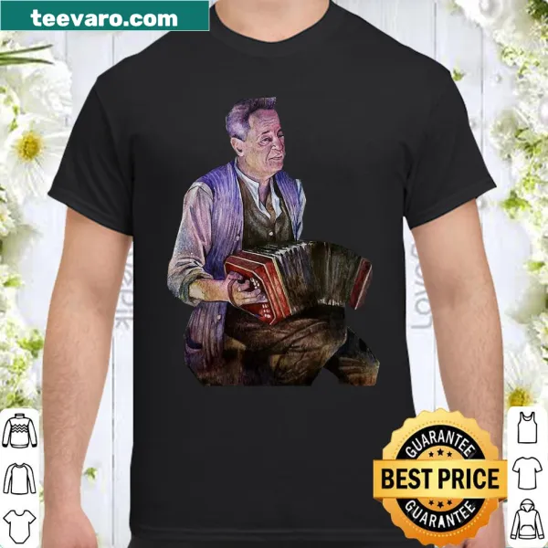 Cartoon of an old man playing accordion on a t-shirt
