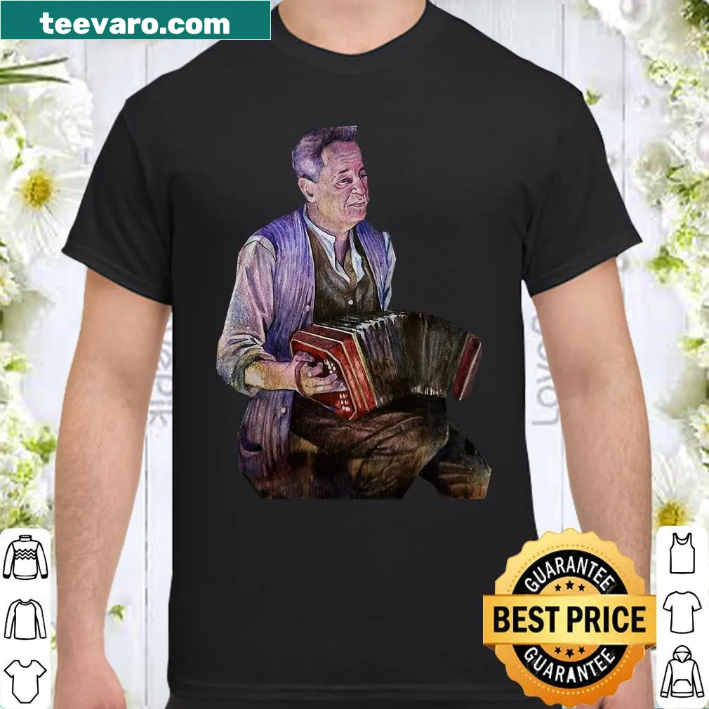Cartoon of an old man playing accordion on a t-shirt