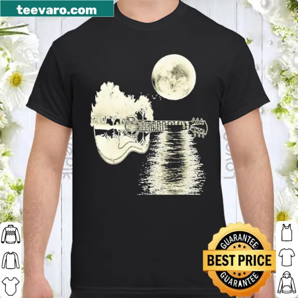 Realistic acoustic guitar graphic in moonlight on a long-sleeve shirt