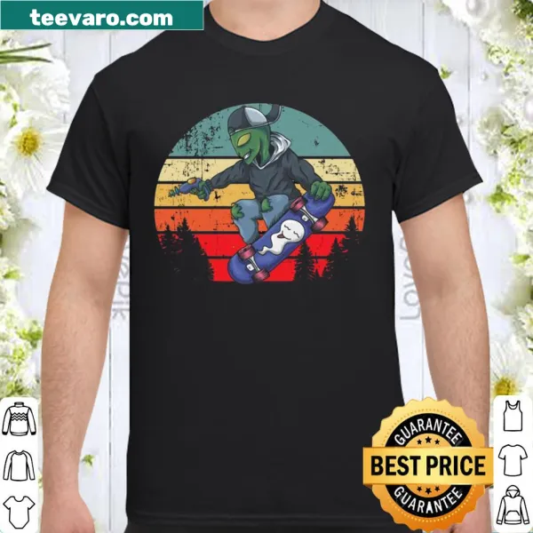 Playful alien skateboard shirt with retro sunset illustration