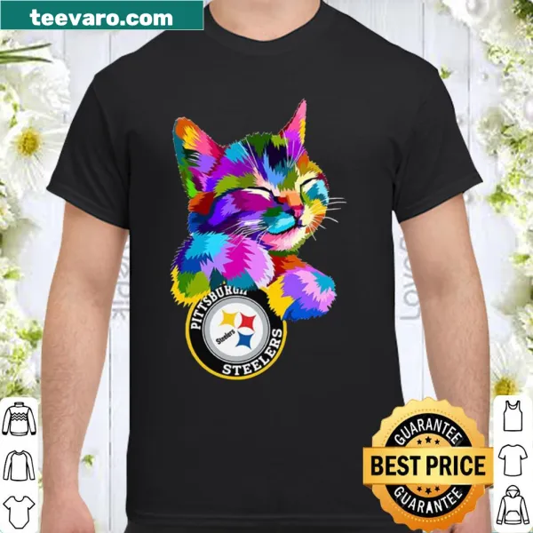 Playful shirt featuring a cat hugging the Pittsburgh Steelers logo.