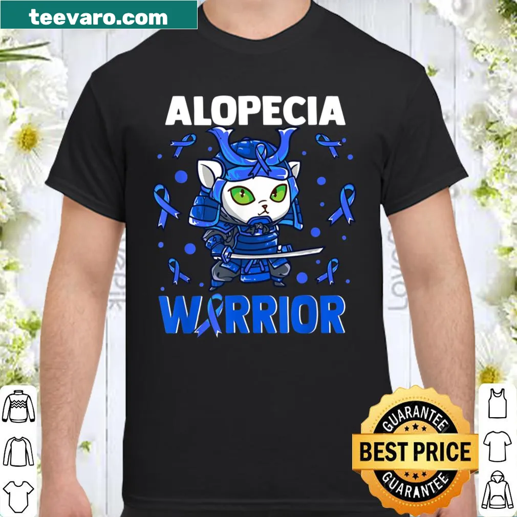 Red ribbon design promoting alopecia awareness on a shirt