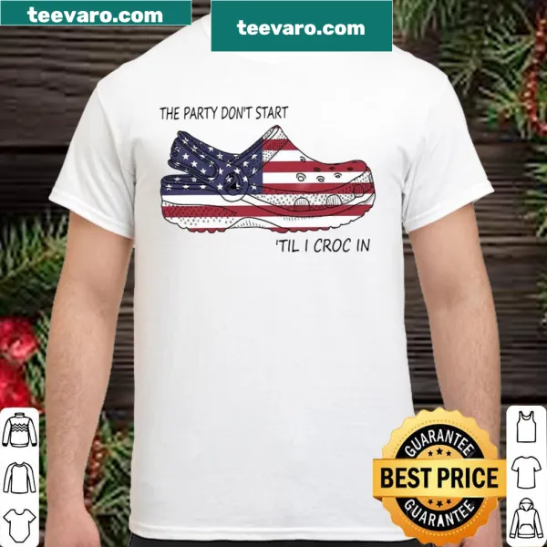 American flag shirt featuring humorous phrase about partying with crocs