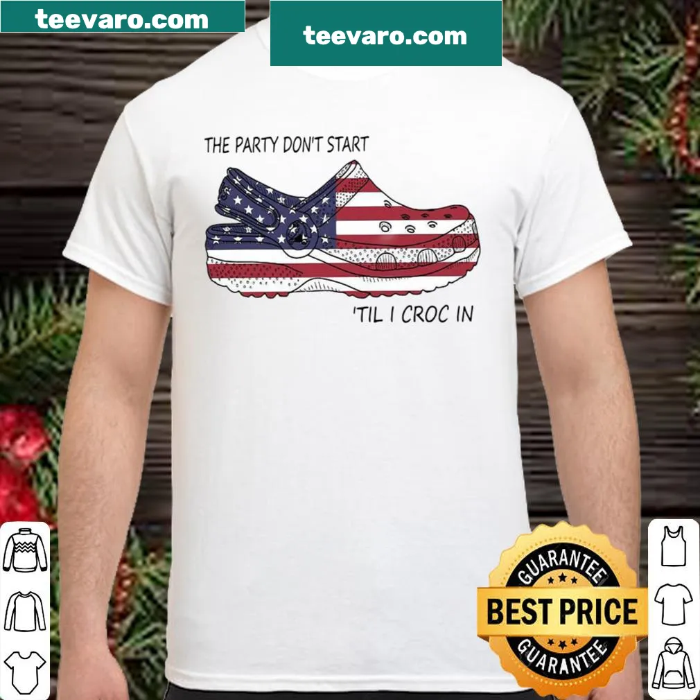 American flag shirt featuring humorous phrase about partying with crocs