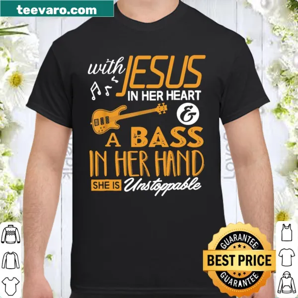 Bass player graphic and 'Jesus In Her Heart' text on a shirt for female musicians.