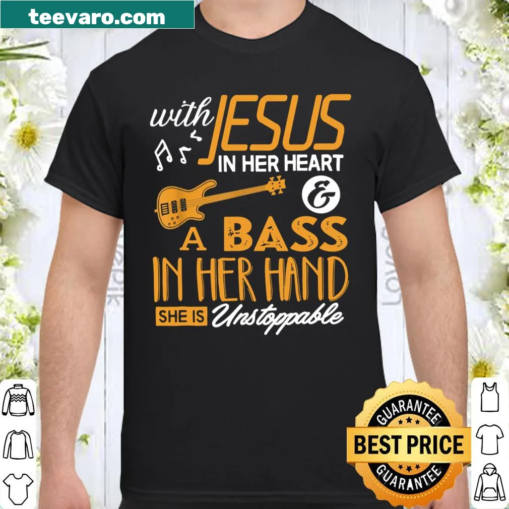 Bass player graphic and 'Jesus In Her Heart' text on a shirt for female musicians.
