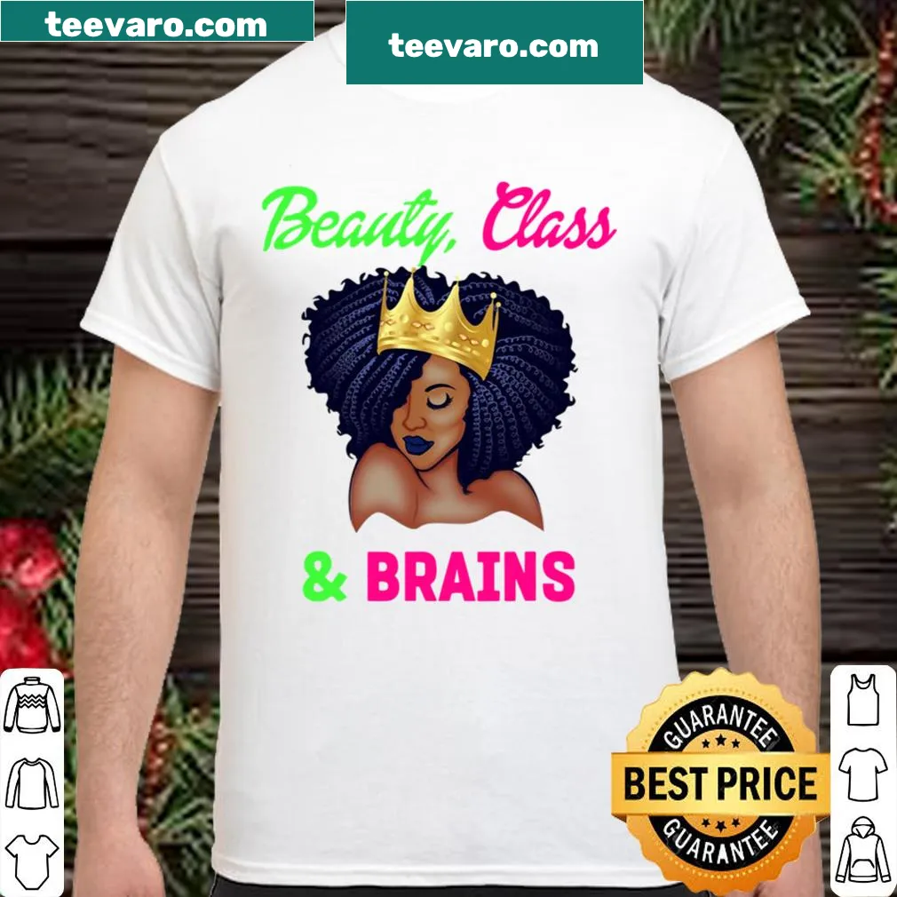 Sorority shirt with 'Beauty Class Brains' text in elegant typography