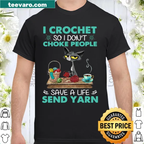 Humorous crochet and black cat-themed shirt with playful text