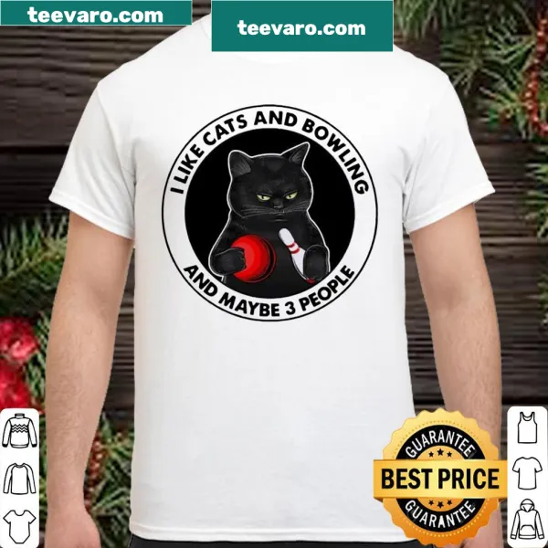 Black shirt with humorous text about cats and bowling