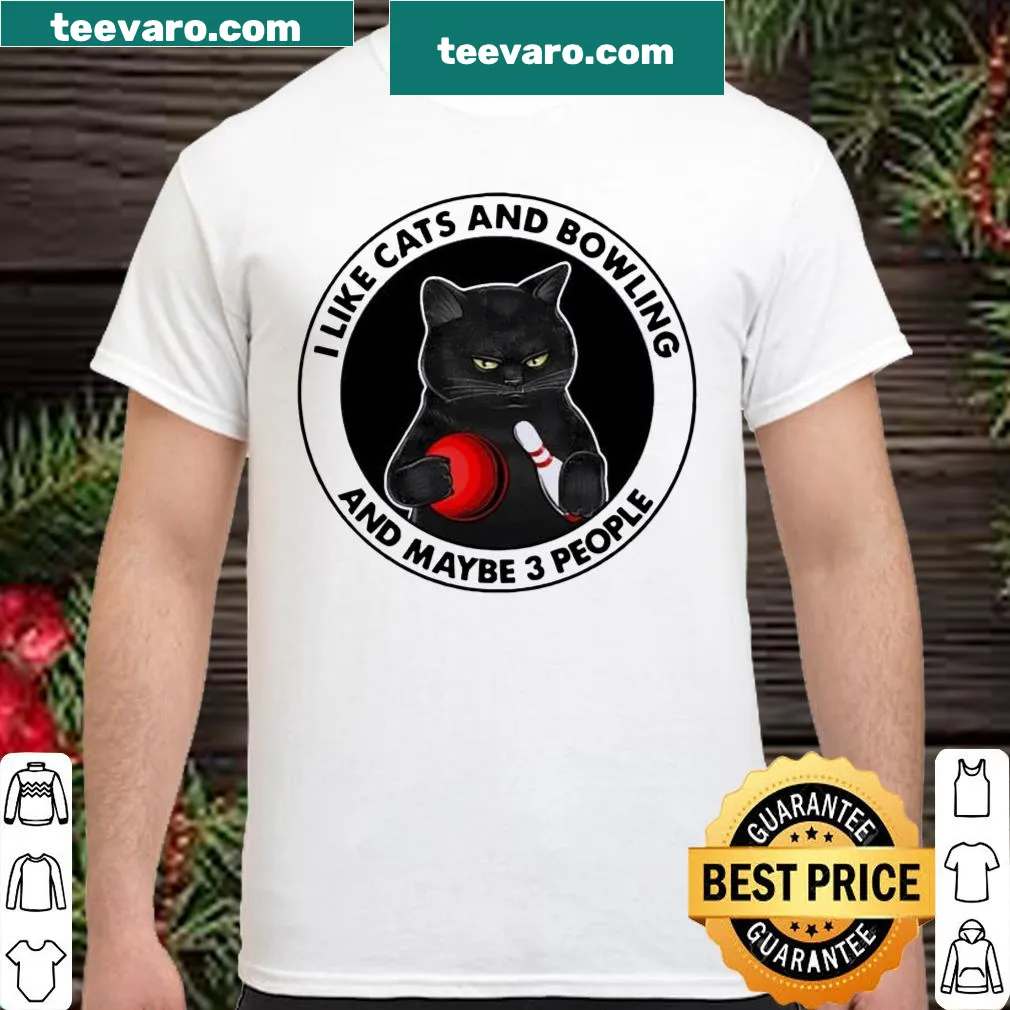 Black shirt with humorous text about cats and bowling