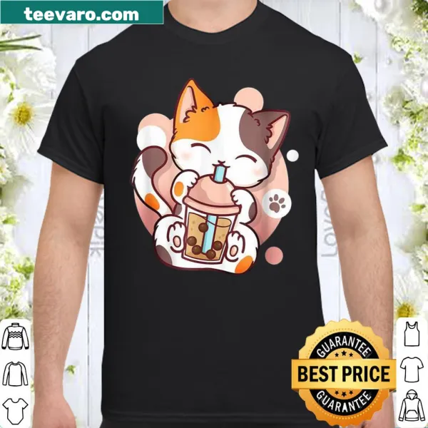 Kawaii cat-themed shirt with bubble tea design