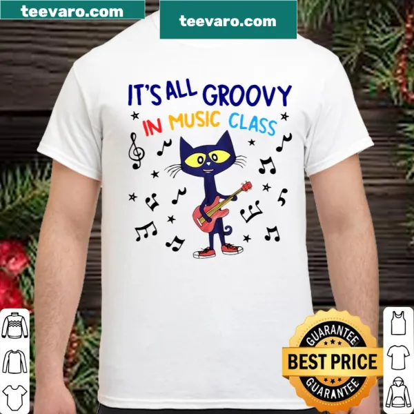 Playful cat playing guitar cartoon on a music class t-shirt