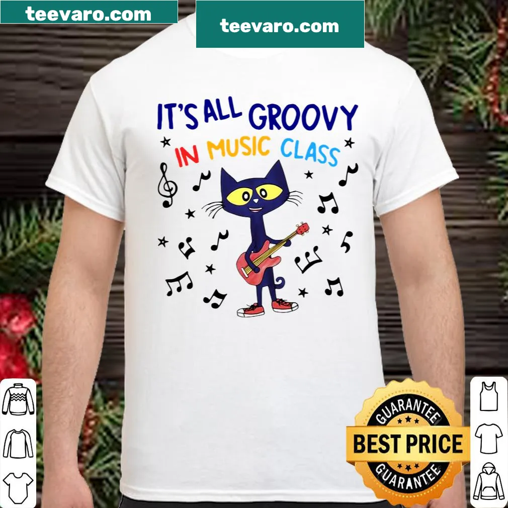 Playful cat playing guitar cartoon on a music class t-shirt