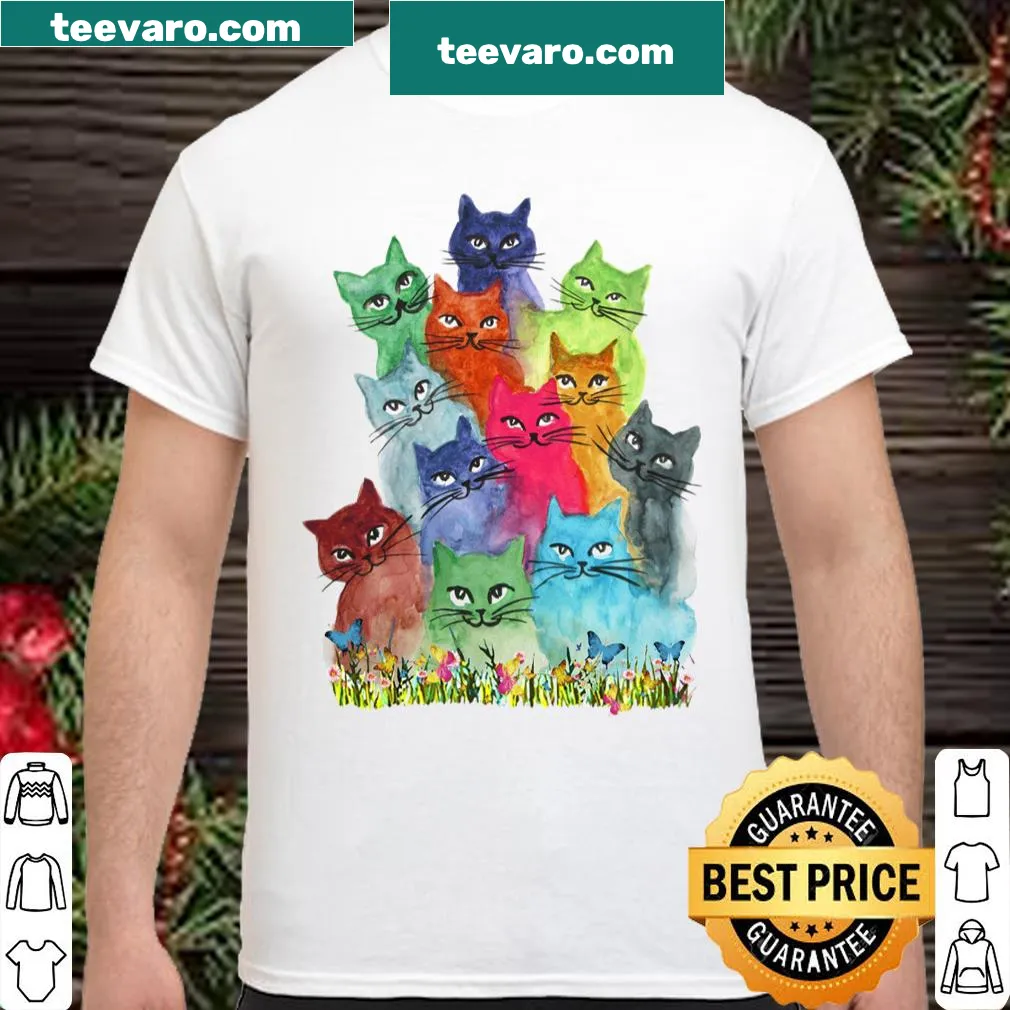 T-shirt showcasing love for cats with a playful phrase about their joy.