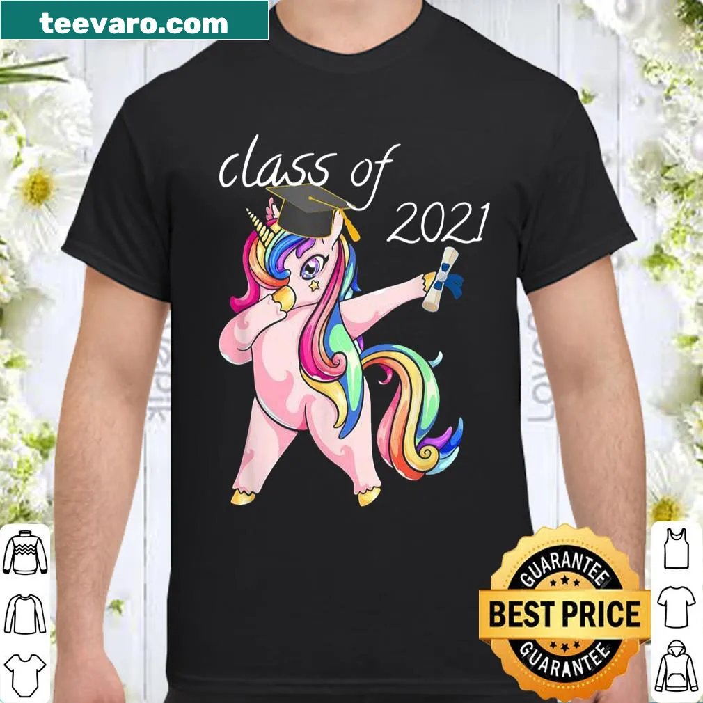 Dabbing unicorn graphic on a graduation shirt for the Class of 2021