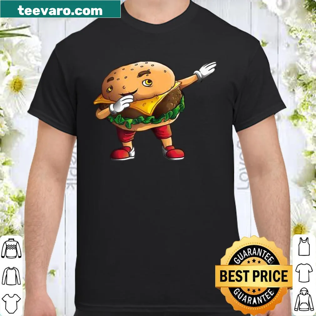 Cartoon burger character dabbing on a playful shirt design