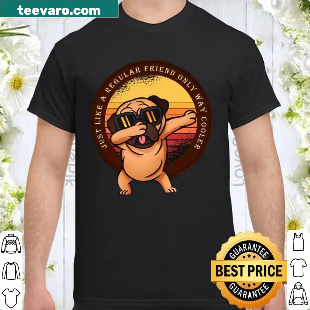 Retro sunset T-shirt featuring a dancing pug illustration and fun text
