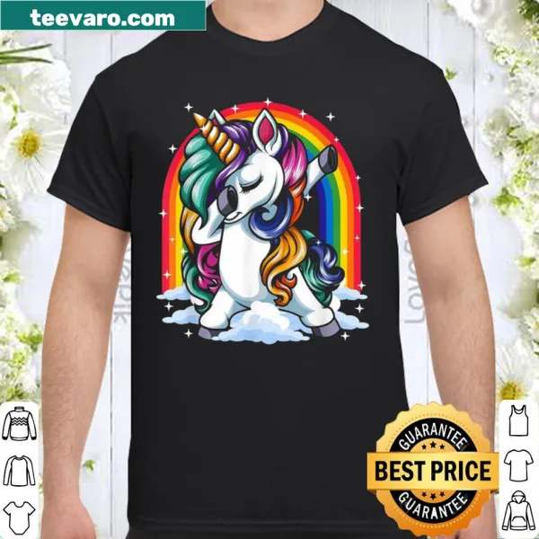 Cartoon dabbing unicorn graphic with rainbow design for girls' shirt