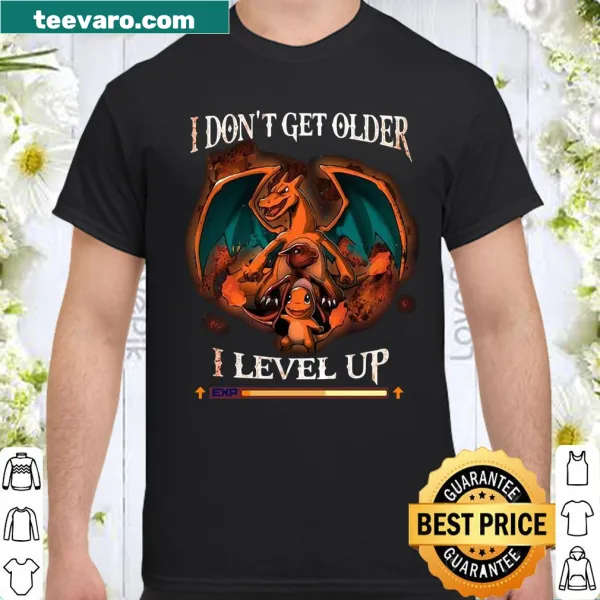 Shirt with text 'I Don't Get Older I Level Up' and dragon graphic