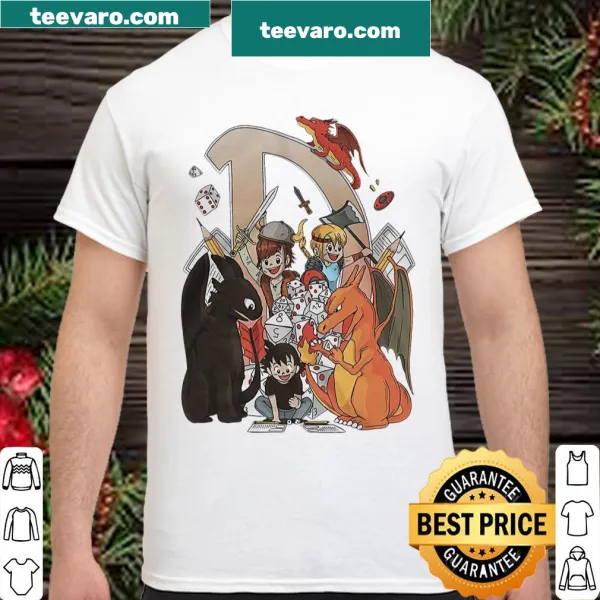 Cartoon dragon graphic on a playful fantasy-themed shirt