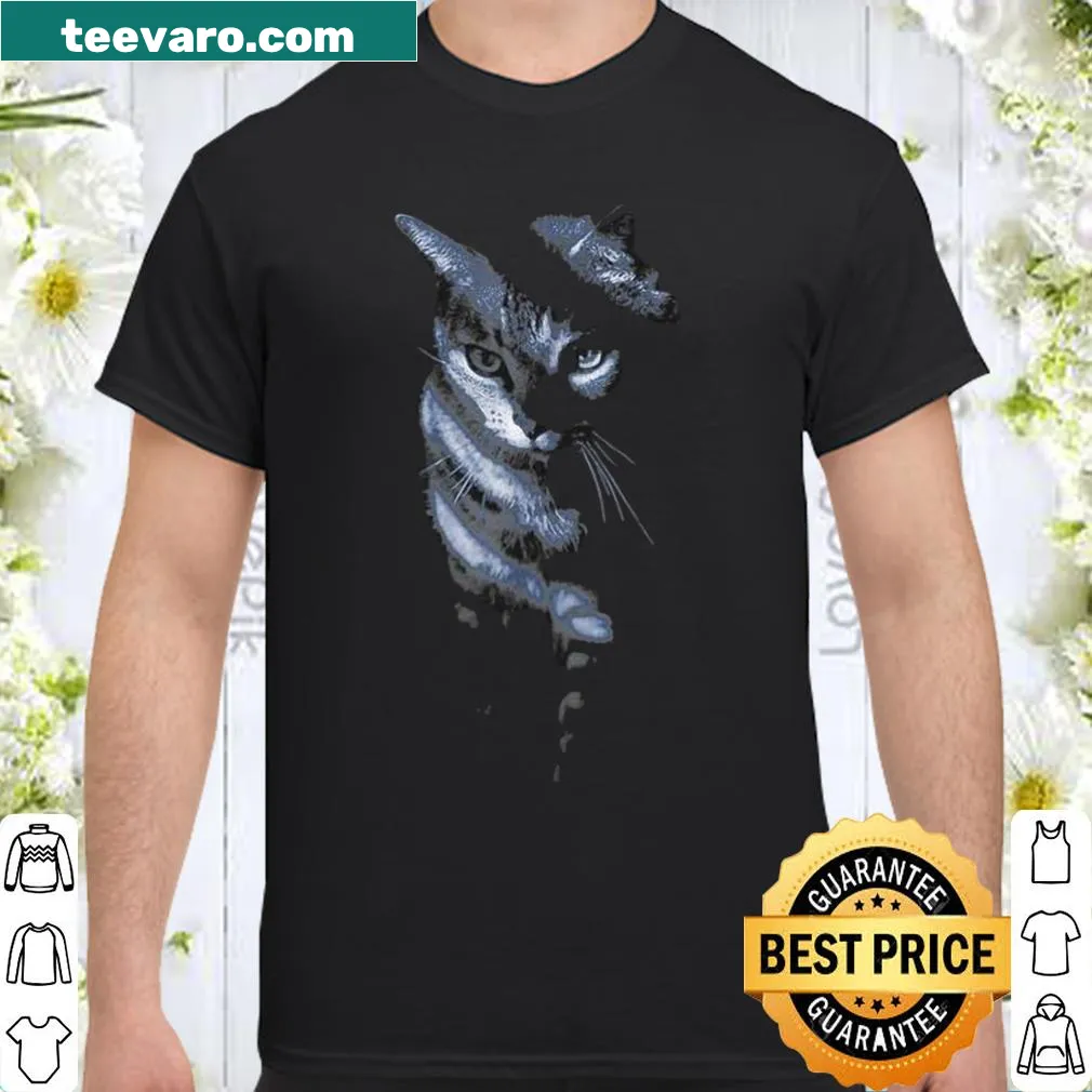 Illustrative shirt featuring a grey cat with shadowed details, perfect for cat lovers.