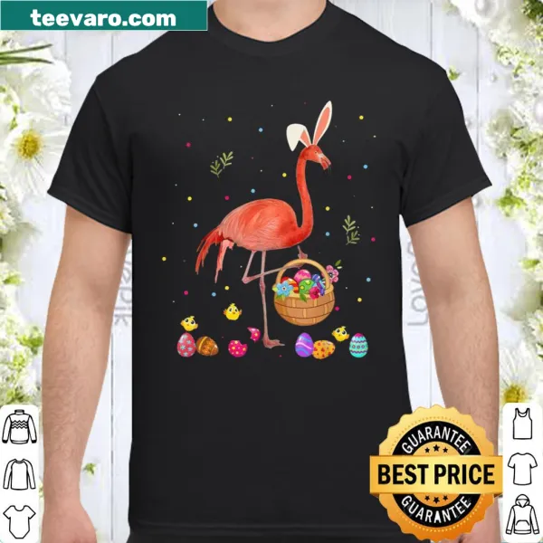 Playful Easter shirt featuring a bunny flamingo with an egg basket