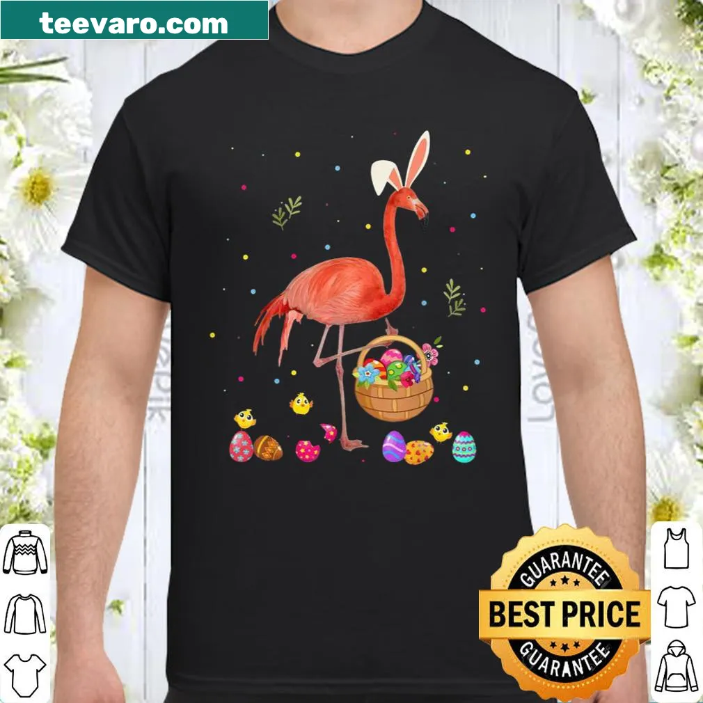 Playful Easter shirt featuring a bunny flamingo with an egg basket