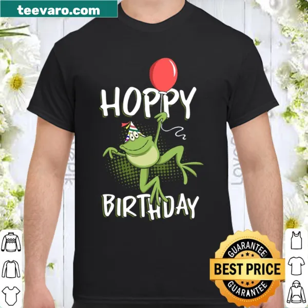 Cartoon frogs celebrating on a birthday-themed shirt
