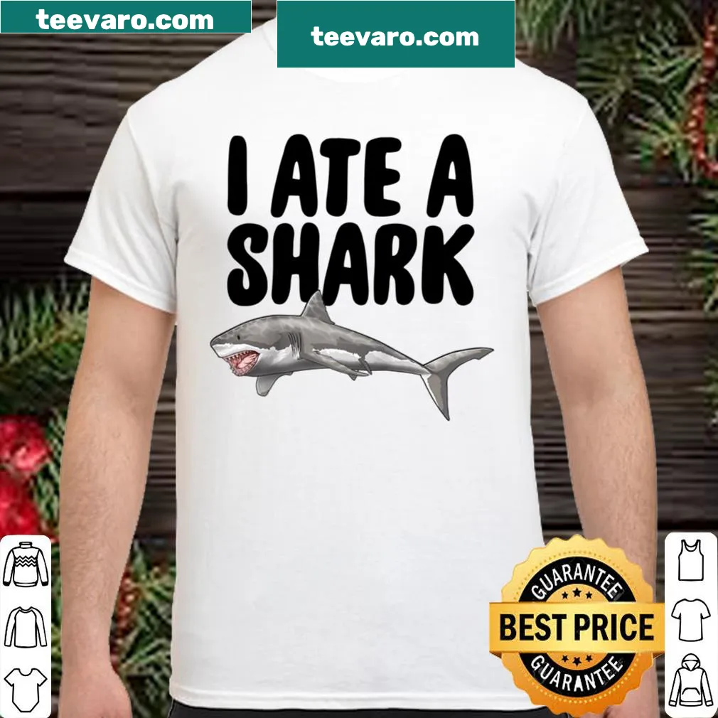 Playful shark-themed graphic on a casual shirt