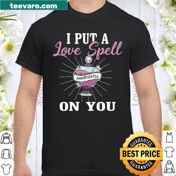Whimsical shirt design featuring a love spell theme with playful text
