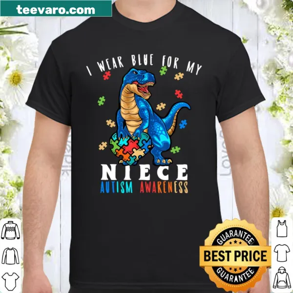 Shirt supporting autism awareness with a dinosaur graphic and blue theme
