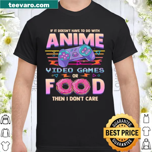 Statement shirt focusing on anime, video games, and food interests.