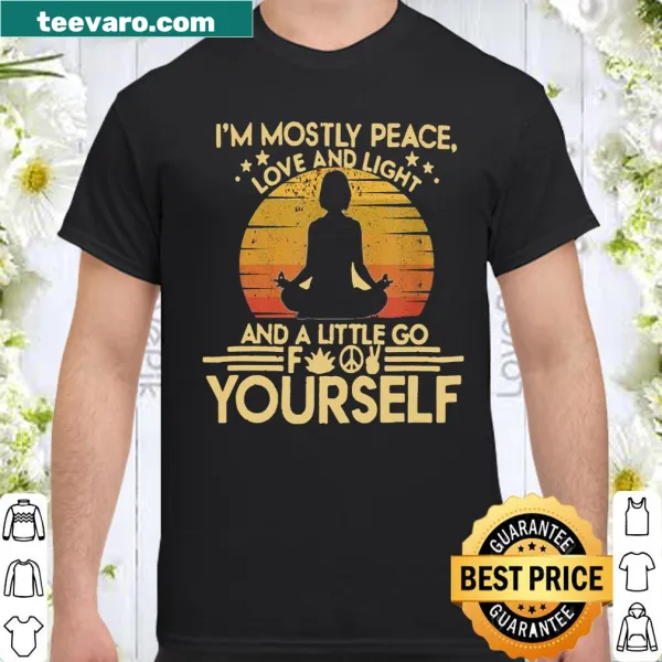 Shirt promoting peace and love with a yoga theme.