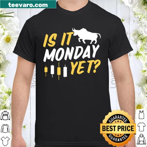 Humorous finance-themed shirt with trading candles and Monday phrase.