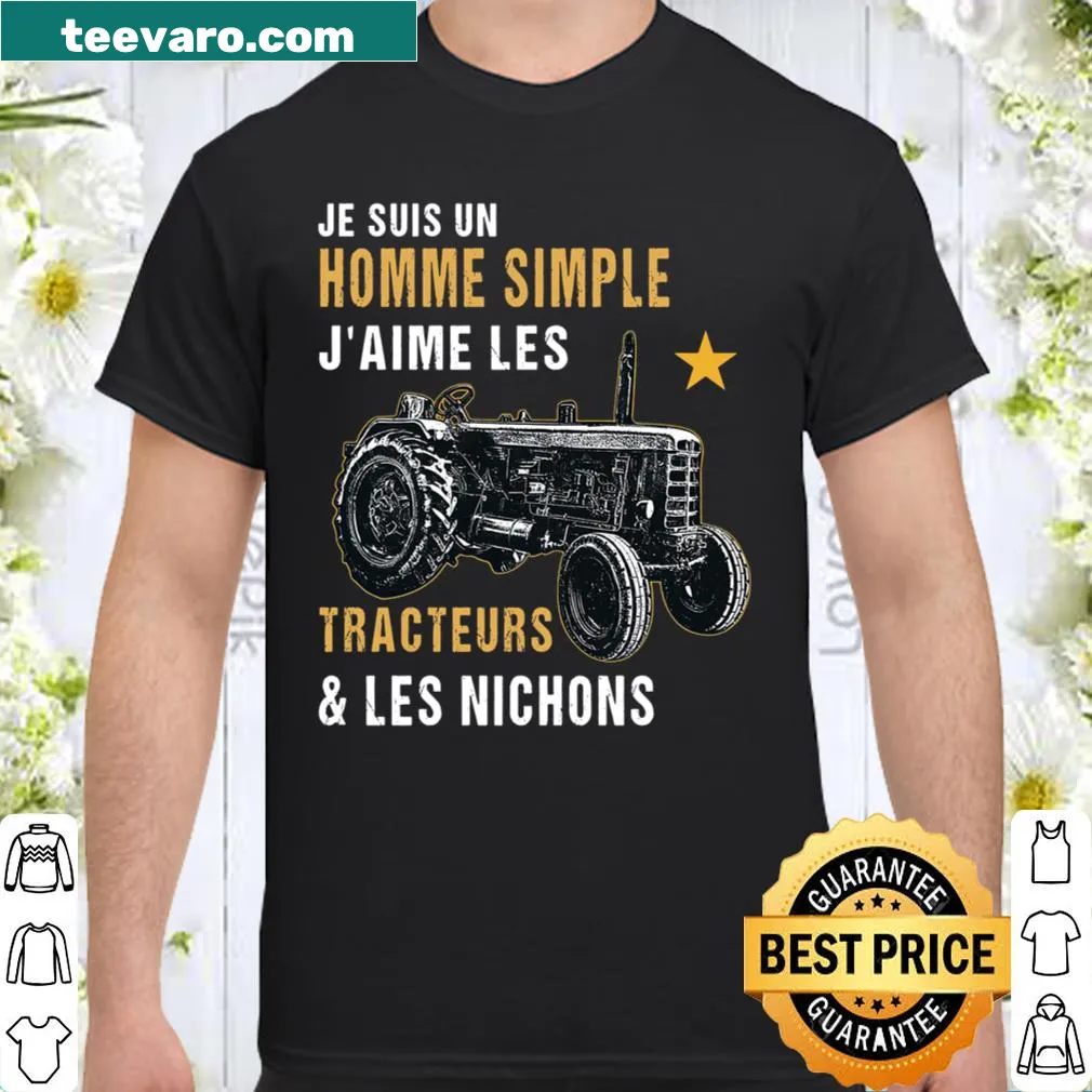 Badge-style shirt with humorous French text about tractors