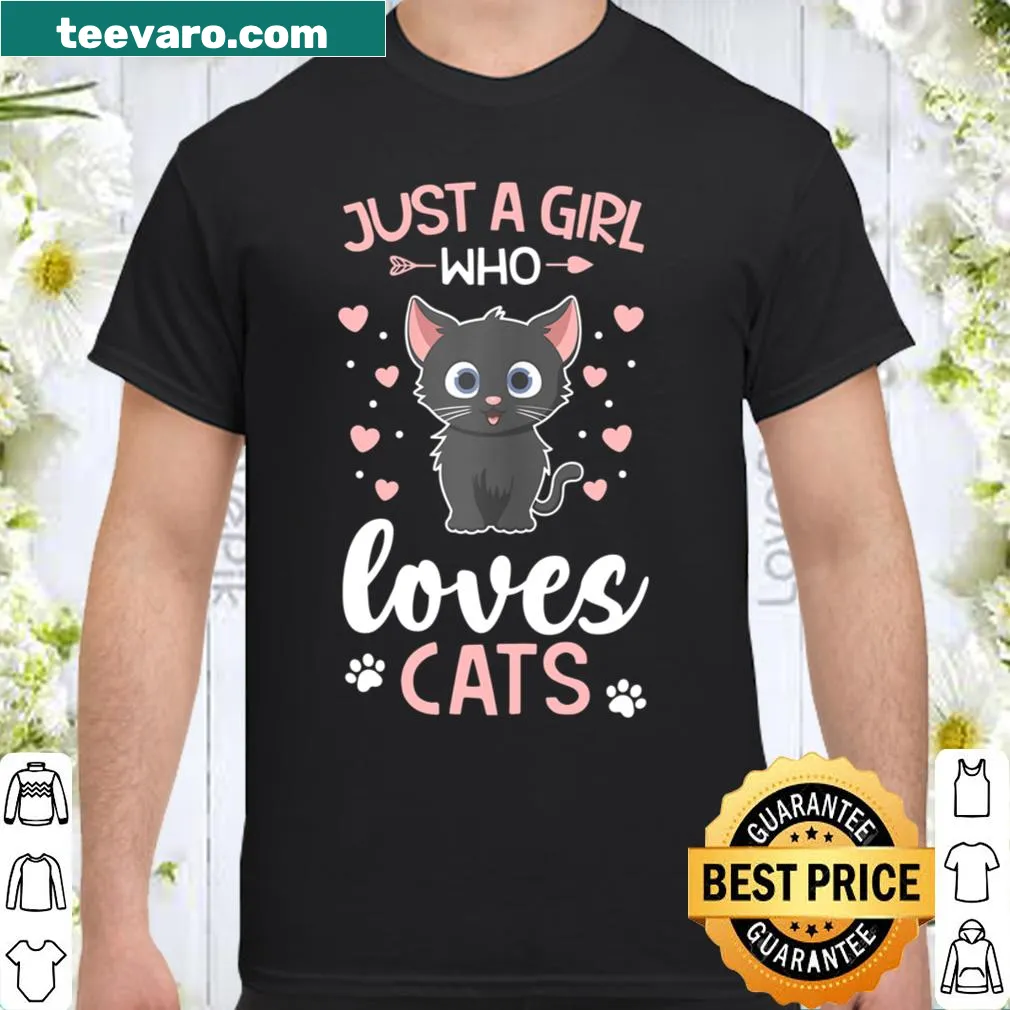Shirt stating 'Just a Girl Who Loves Cats' with cat graphics