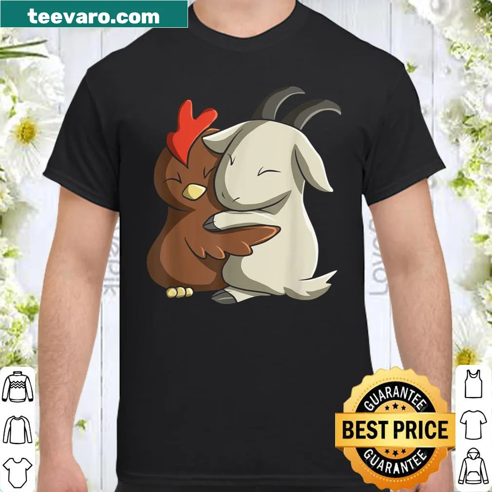 Kawaii chicken hugging goat graphic on a playful shirt